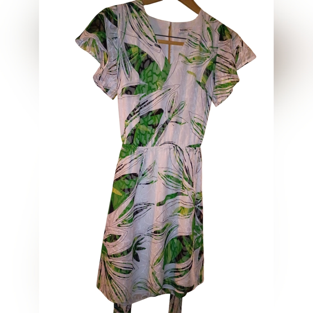 White House Black Market Green Leaf Print Women's Tie Dress Size 00